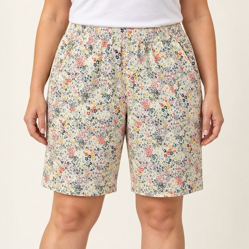 Lands' End Women’s Floral Twill Bermuda Shorts Mid Rise Stretch Pockets 12 10"